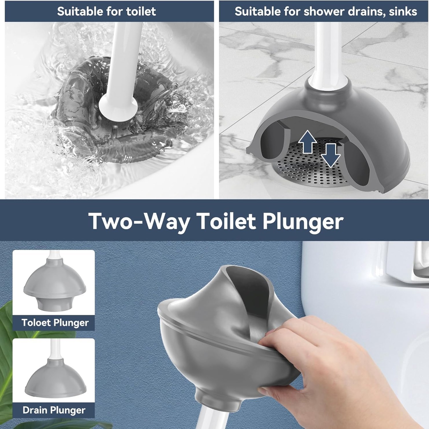 Two Way Toilet Plunger with Holder: image 2